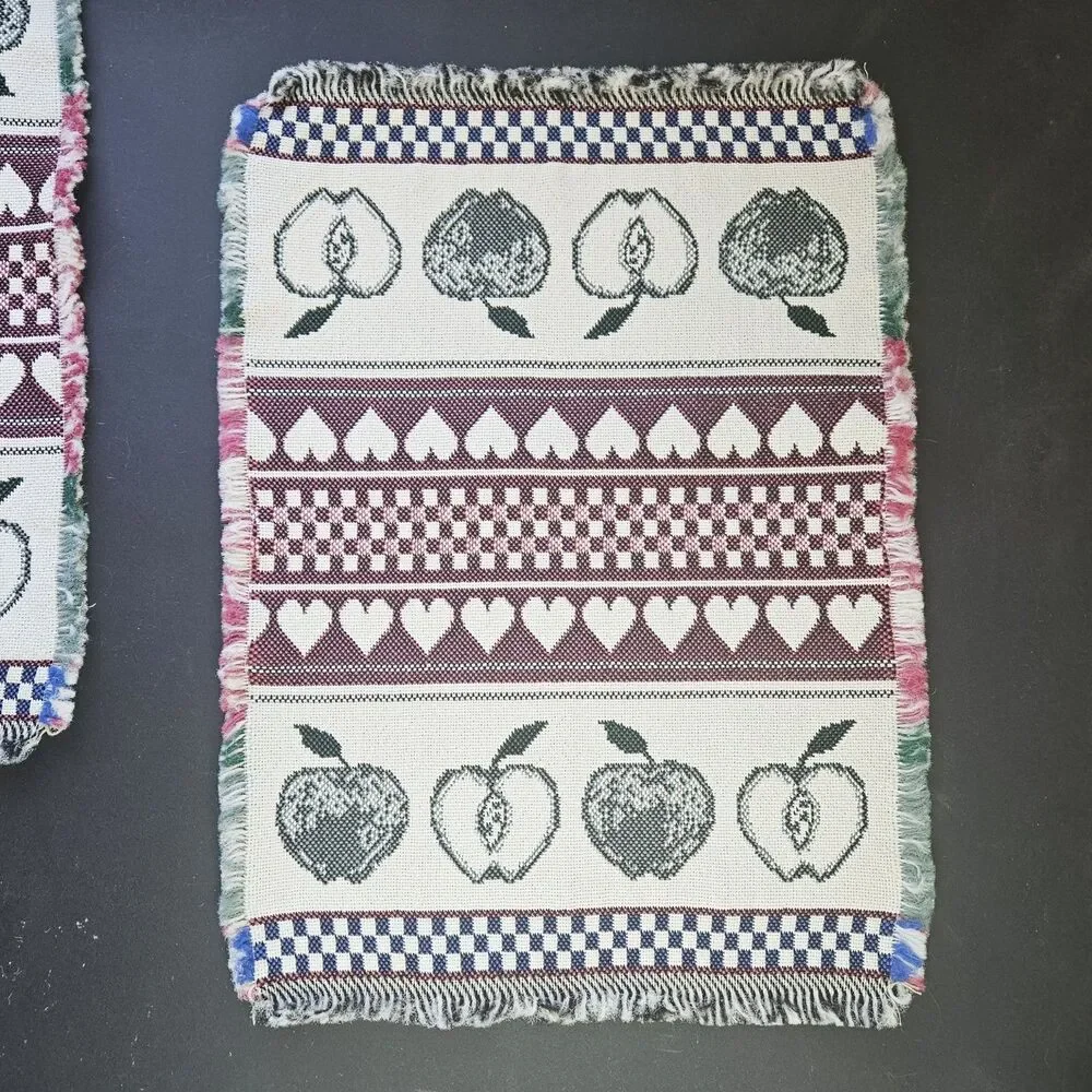 A is for Apple VTG Runner & 4 Placemats Tapestry Fringe Hearts Checkered Red Grn